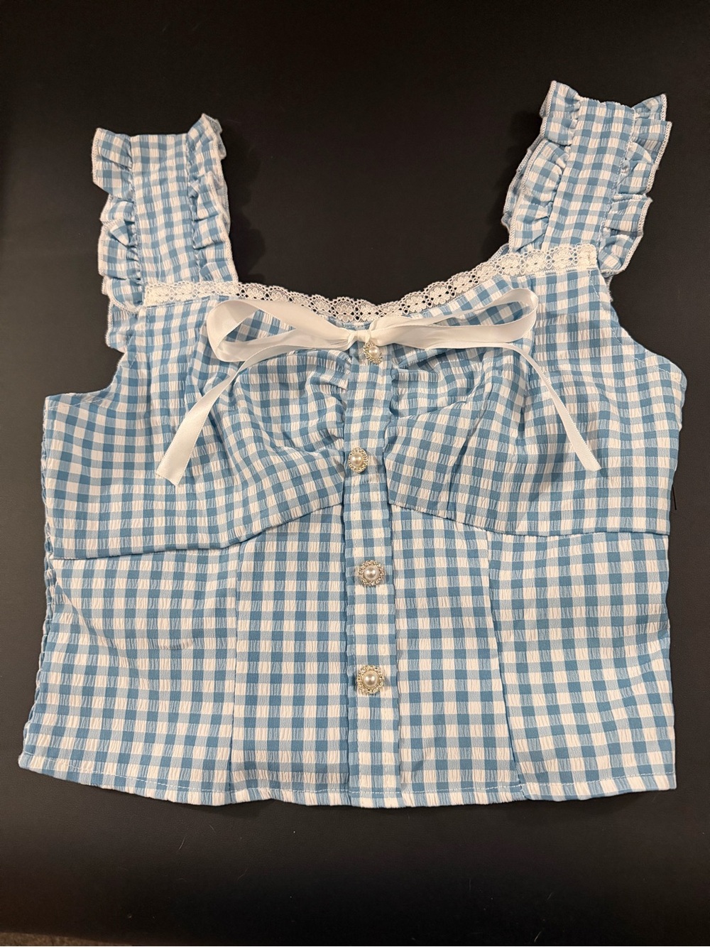 SHEIN Blue Gingham Bow Front Ruffle Crop Top XS Cottagecore